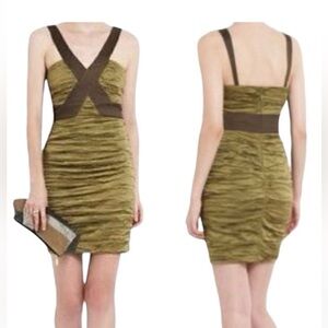 BCBG MaxAzria Simsom Olive Taffeta Ruched Mini Dress 4 Olive Green NWT